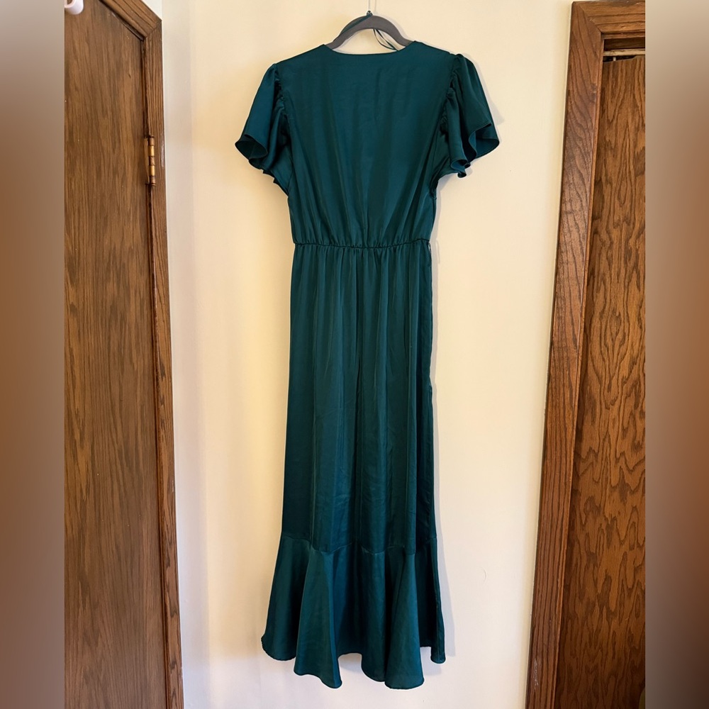 Nicole Miller Satin Emerald Wrap Dress Flutter Sleeve Ruffle wedding guest - Picture 5 of 6